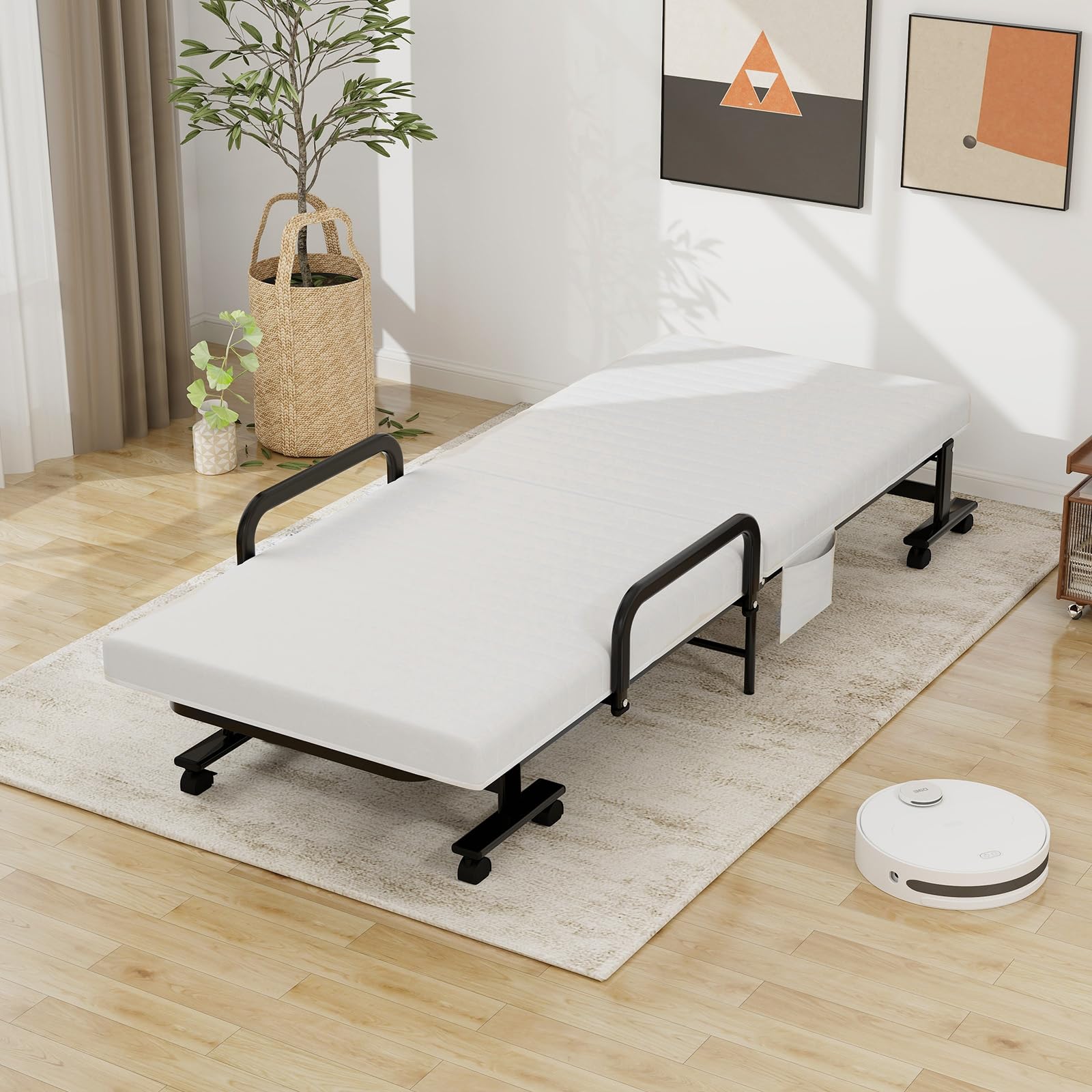 Folding Rollaway Bed with Mattress & Wheels for Adults, Portable Foldable Guest Bed with Adjustable 6 Position & Side Storage Pocket