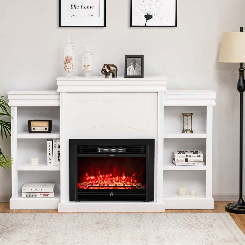 70" Mantel Fireplace TV Stand with 28.5" 750W/1500W Electric Fireplace Insert, Modern Media Fireplace Cabinet Built-in 6 Storage Shelves