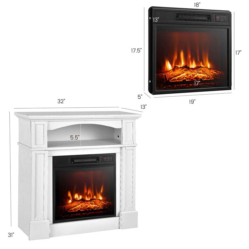 32" Freestanding Electric Fireplace Mantel, 1400W Fireplace Heater with Remote Control, Thermostat & 6H Timer, 3 Flame Brightness