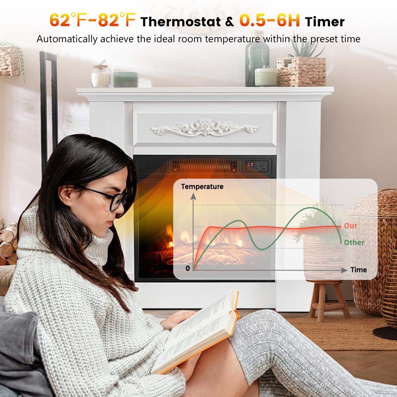 1400W Electric Fireplace Heater with Mantel, 32" Freestanding Fireplace Mantel w/ Remote Control, Thermostat & 6H Timer, Adjustable 3D Flame
