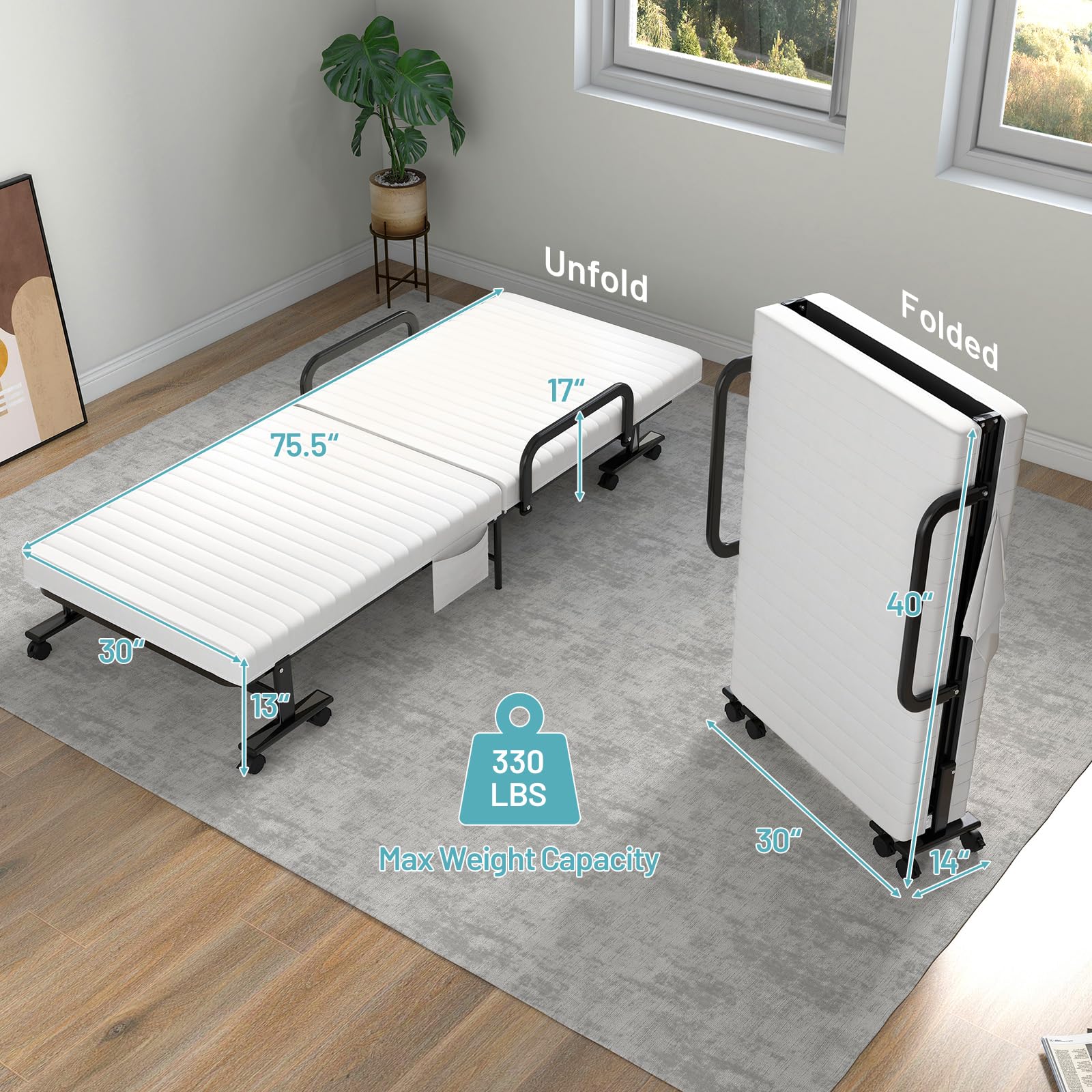 Folding Rollaway Bed with Mattress & Wheels for Adults, Portable Foldable Guest Bed with Adjustable 6 Position & Side Storage Pocket