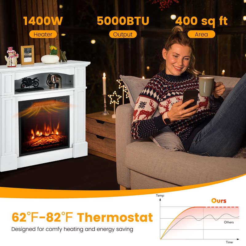 32" Freestanding Electric Fireplace Mantel, 1400W Fireplace Heater with Remote Control, Thermostat & 6H Timer, 3 Flame Brightness