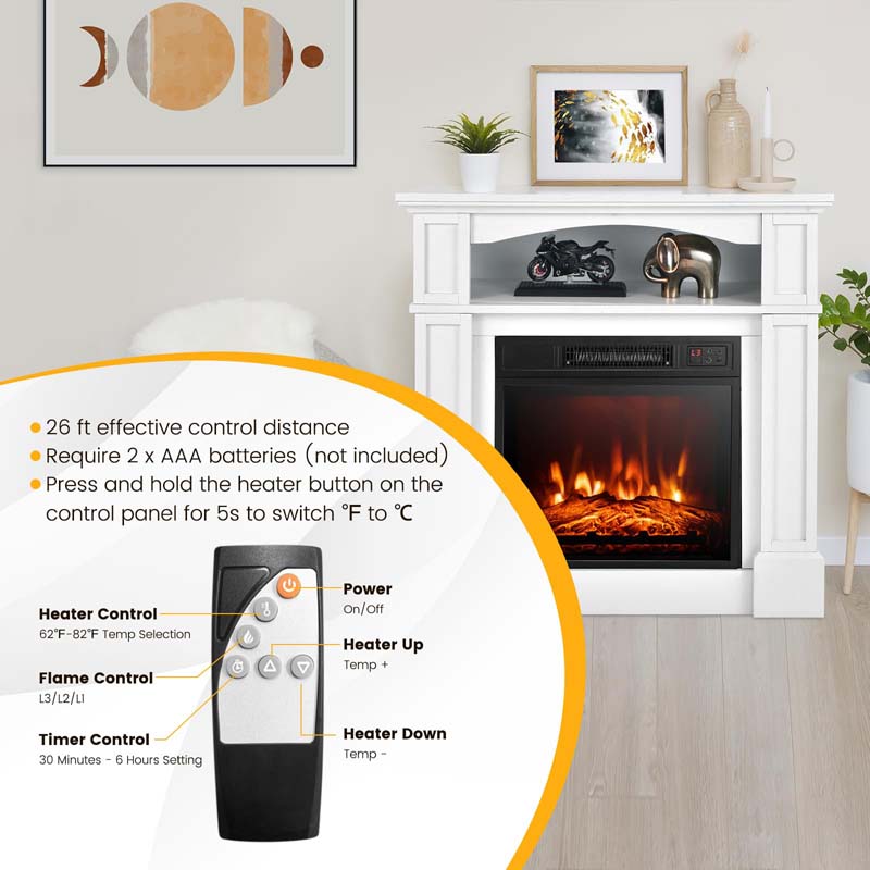 32" Freestanding Electric Fireplace Mantel, 1400W Fireplace Heater with Remote Control, Thermostat & 6H Timer, 3 Flame Brightness