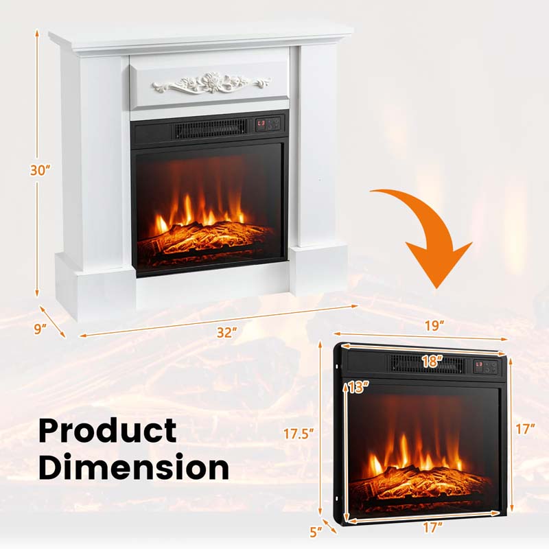 1400W Electric Fireplace Heater with Mantel, 32" Freestanding Fireplace Mantel w/ Remote Control, Thermostat & 6H Timer, Adjustable 3D Flame