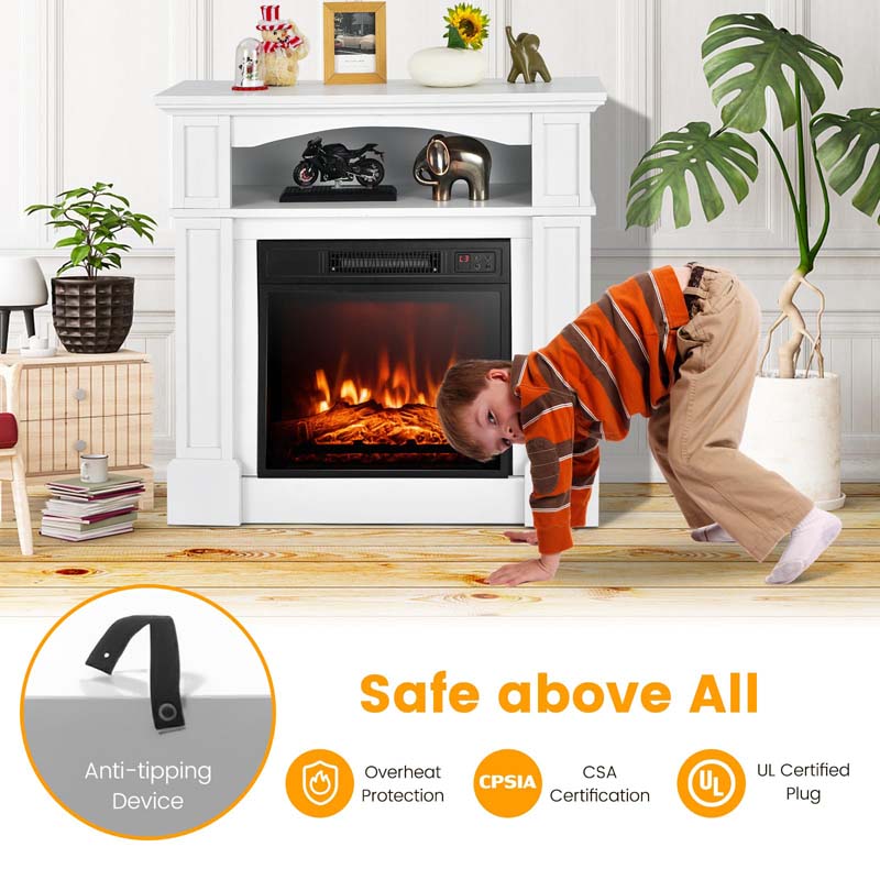 32" Freestanding Electric Fireplace Mantel, 1400W Fireplace Heater with Remote Control, Thermostat & 6H Timer, 3 Flame Brightness
