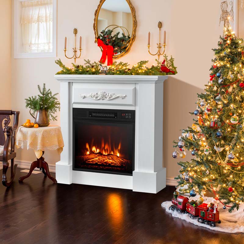 1400W Electric Fireplace Heater with Mantel, 32" Freestanding Fireplace Mantel w/ Remote Control, Thermostat & 6H Timer, Adjustable 3D Flame