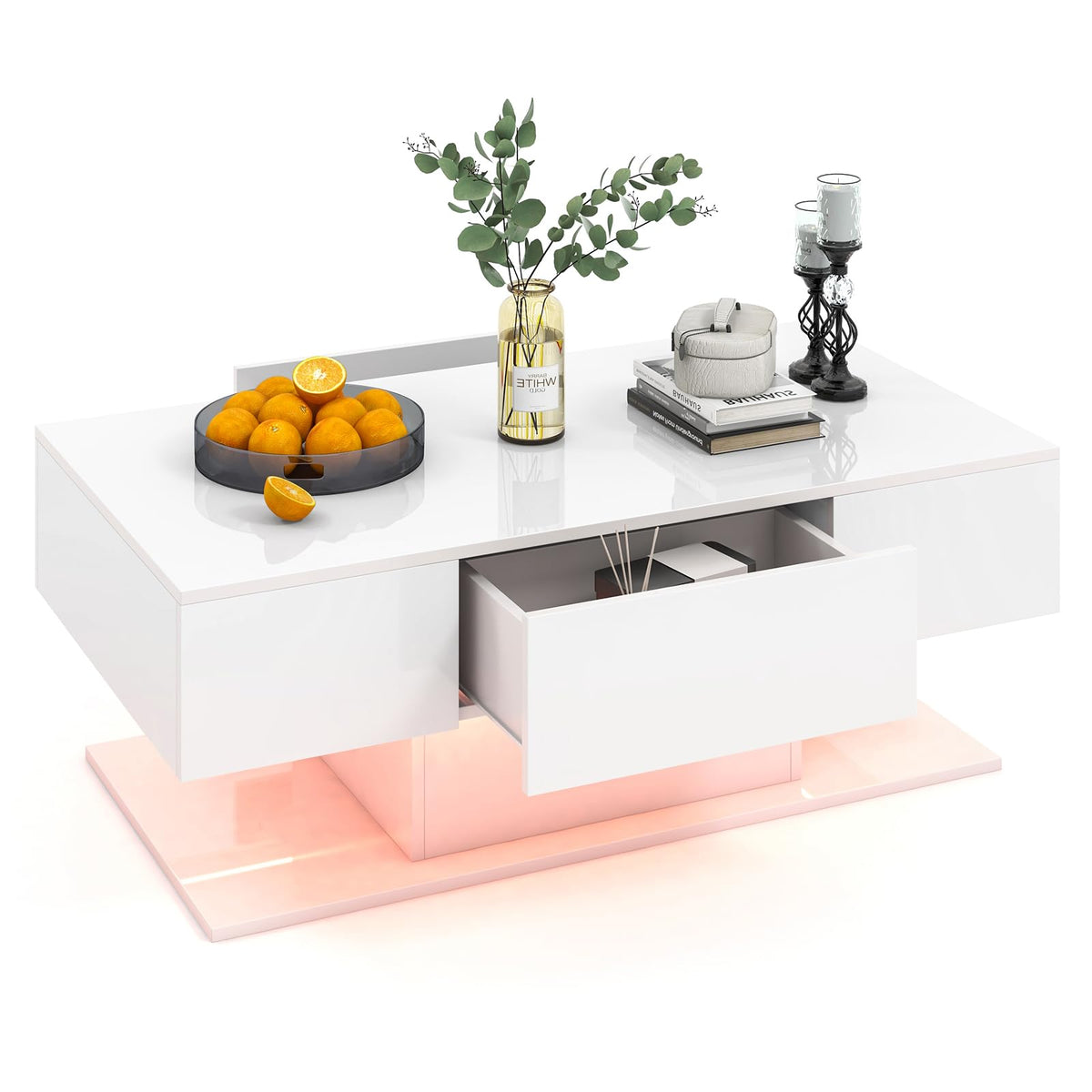 2-Tier 20-Color LED Coffee Table with 2 Drawers, Remote Control, Open Shelf, 43.5" L Rectangular High Glossy Modern Center Table