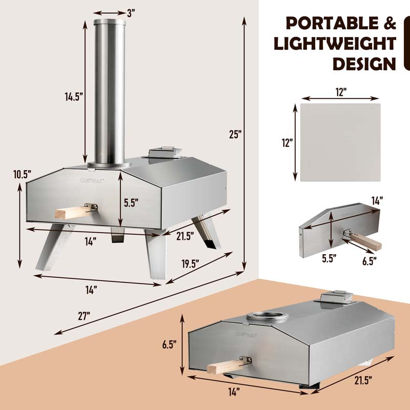 Wood Pellet Fired Outdoor Pizza Oven with 12'' Pizza Ston & Foldable Legs, Portable Stainless Steel Pizza Maker for Camping Picnic