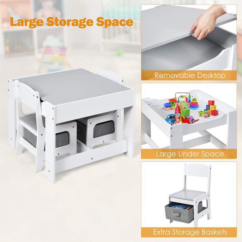 Kids Table & Chairs Set, 3-in-1 Wooden Toddler Activity Table with Storage, Reversible Tabletop & Blackboard for Art Craft, Drawing, Playroom