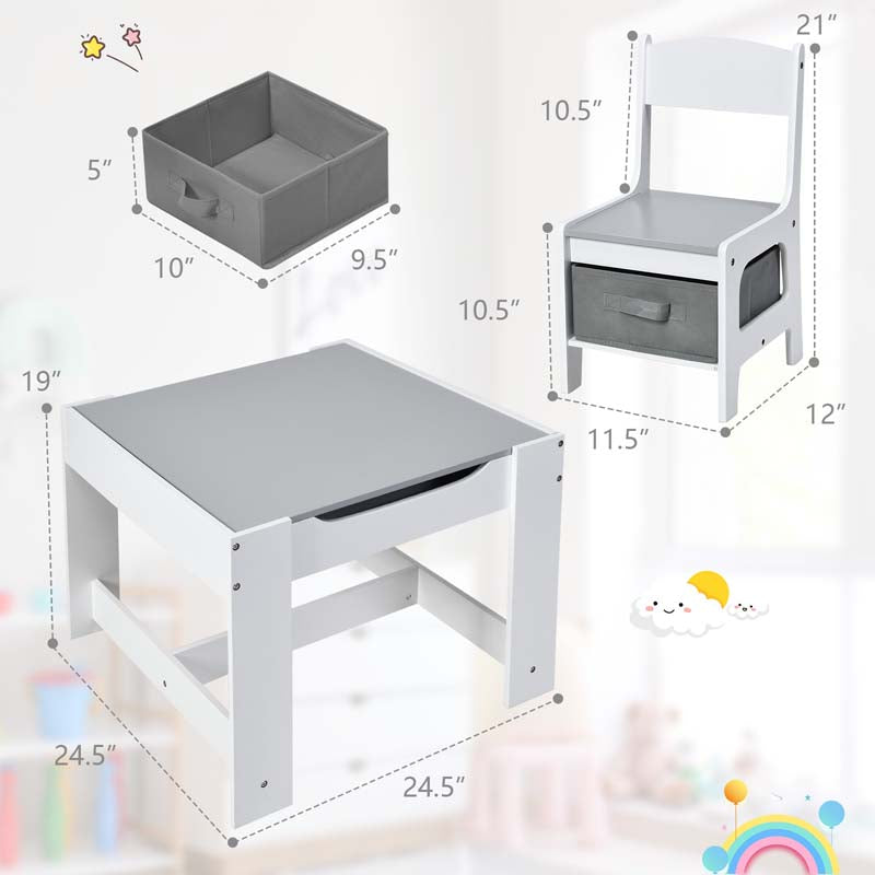 Kids Table & Chairs Set, 3-in-1 Wooden Toddler Activity Table with Storage, Reversible Tabletop & Blackboard for Art Craft, Drawing, Playroom