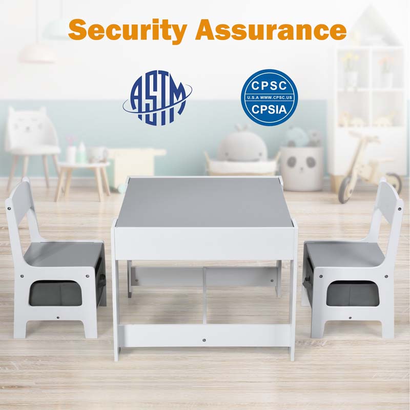 Kids Table & Chairs Set, 3-in-1 Wooden Toddler Activity Table with Storage, Reversible Tabletop & Blackboard for Art Craft, Drawing, Playroom