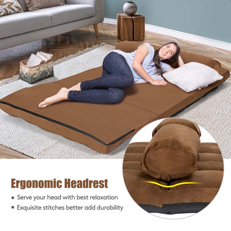 6-Position Adjustable Floor Sofa Bed, Foldable Lazy Sleeper with 2 Pillows & Suede Cover, Convertible Futon Couch Bed for Living Room & Gaming