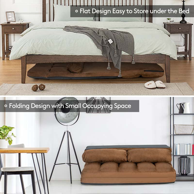 6-Position Adjustable Floor Sofa Bed, Foldable Lazy Sleeper with 2 Pillows & Suede Cover, Convertible Futon Couch Bed for Living Room & Gaming