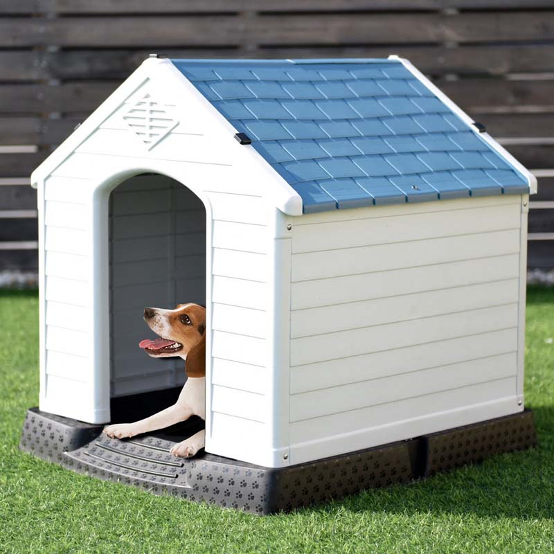 Waterproof Plastic Dog House with Elevated Floor & Air Vents for Small & Medium Dogs, Indoor Outdoor Dog Kennel Cat House Feeding Station