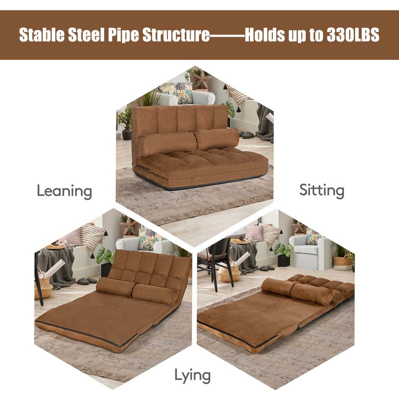 6-Position Adjustable Floor Sofa Bed, Foldable Lazy Sleeper with 2 Pillows & Suede Cover, Convertible Futon Couch Bed for Living Room & Gaming