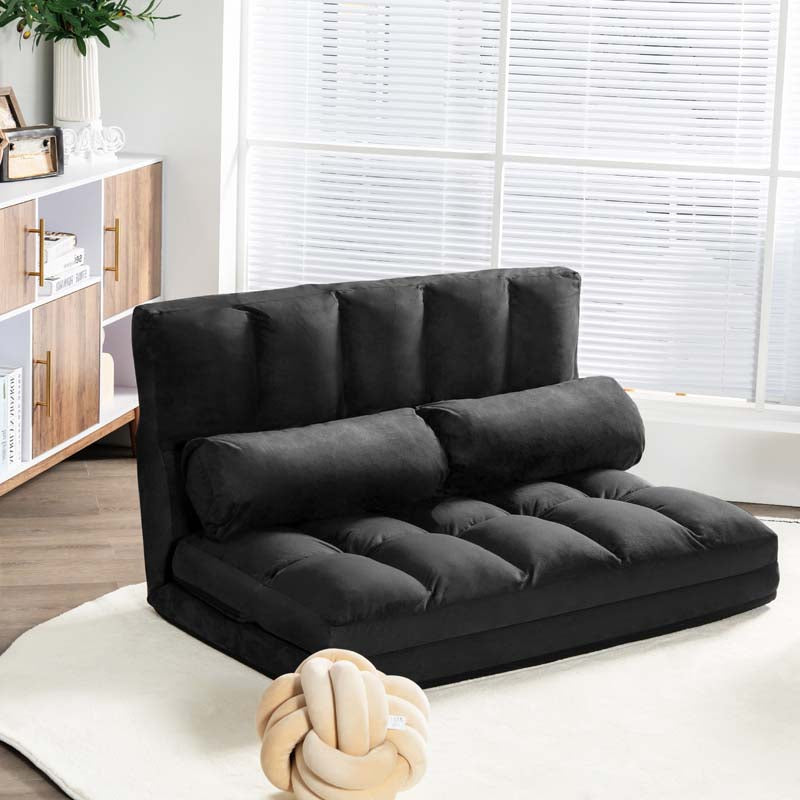 6-Position Adjustable Floor Sofa Bed, Foldable Lazy Sleeper with 2 Pillows & Suede Cover, Convertible Futon Couch Bed for Living Room & Gaming