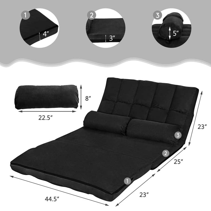 6-Position Adjustable Floor Sofa Bed, Foldable Lazy Sleeper with 2 Pillows & Suede Cover, Convertible Futon Couch Bed for Living Room & Gaming