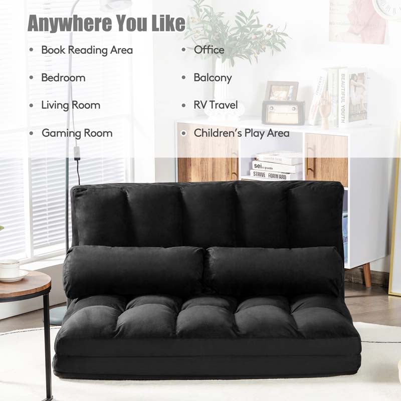 6-Position Adjustable Floor Sofa Bed, Foldable Lazy Sleeper with 2 Pillows & Suede Cover, Convertible Futon Couch Bed for Living Room & Gaming