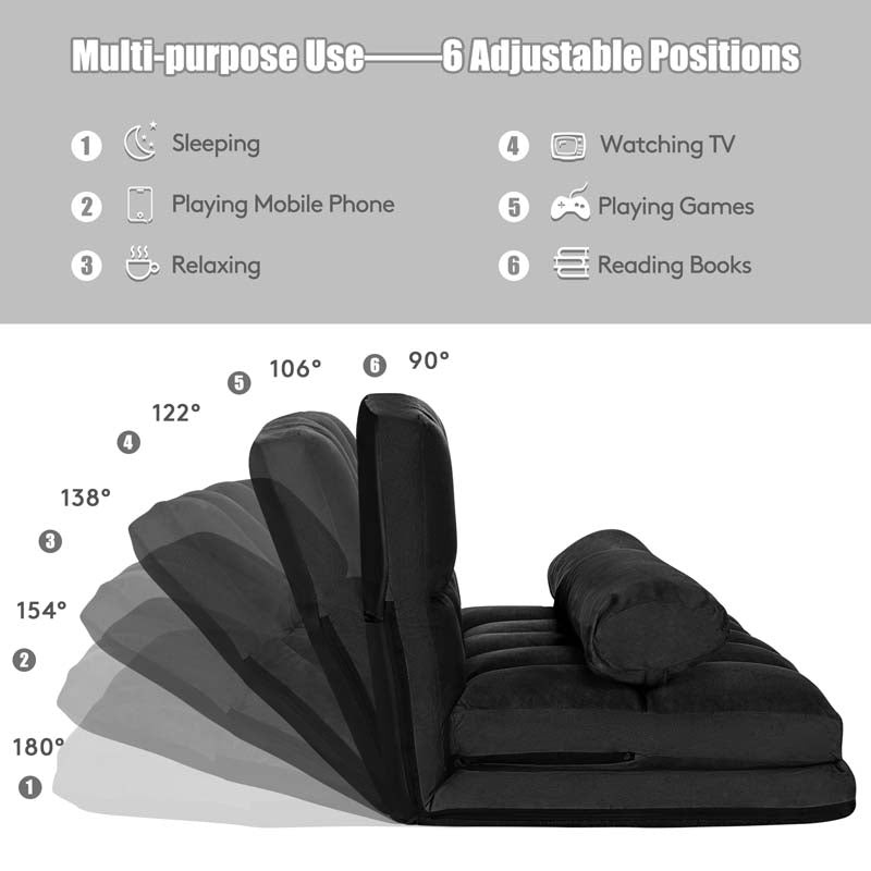 6-Position Adjustable Floor Sofa Bed, Foldable Lazy Sleeper with 2 Pillows & Suede Cover, Convertible Futon Couch Bed for Living Room & Gaming