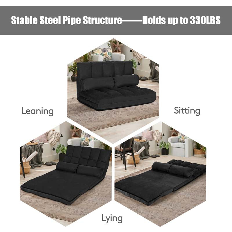 6-Position Adjustable Floor Sofa Bed, Foldable Lazy Sleeper with 2 Pillows & Suede Cover, Convertible Futon Couch Bed for Living Room & Gaming