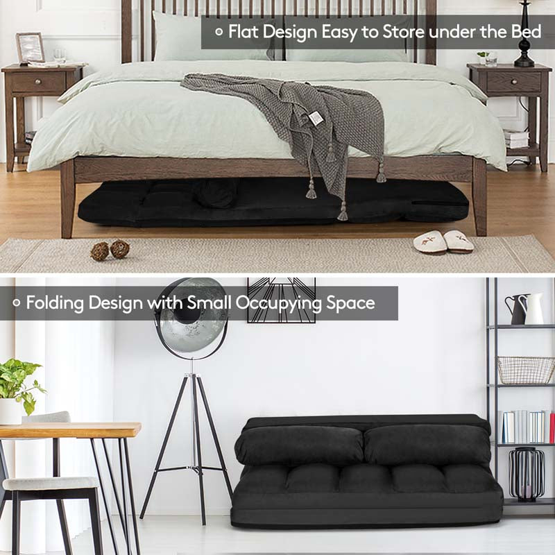 6-Position Adjustable Floor Sofa Bed, Foldable Lazy Sleeper with 2 Pillows & Suede Cover, Convertible Futon Couch Bed for Living Room & Gaming