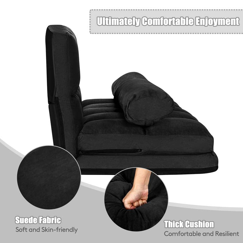 6-Position Adjustable Floor Sofa Bed, Foldable Lazy Sleeper with 2 Pillows & Suede Cover, Convertible Futon Couch Bed for Living Room & Gaming