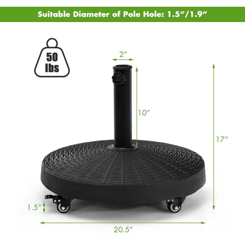 50 LBS Rattan Style Resin Patio Umbrella Base Stand with Lockable Wheels, 20.5" Heavy-Duty Round Outdoor Umbrella Holder