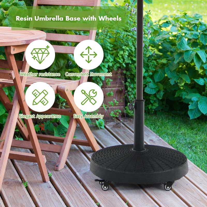 50 LBS Rattan Style Resin Patio Umbrella Base Stand with Lockable Wheels, 20.5" Heavy-Duty Round Outdoor Umbrella Holder