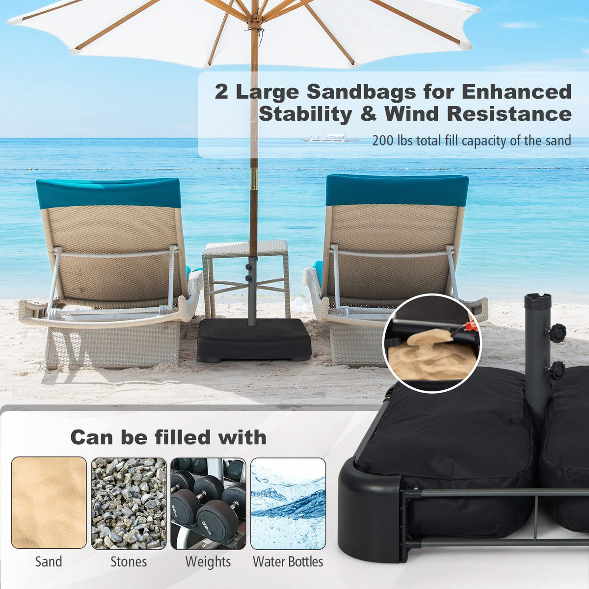 220LBS Heavy Duty Sand-Filled Market Offset Umbrella Base with 2 Sandbags & All-Weather Cover, Fits 1.9" Poles for Patio & Poolside Umbrellas