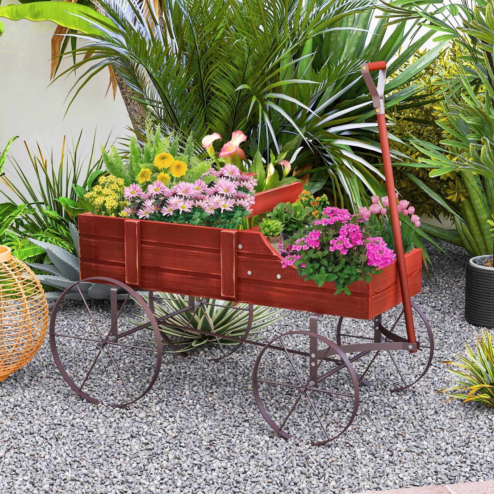 24.5" x 13.5" x 24" Wooden Wagon Planter, Decorative Garden Planter Box with 2 Planting Sections, Wheels, Handle, Small Decorated Cart