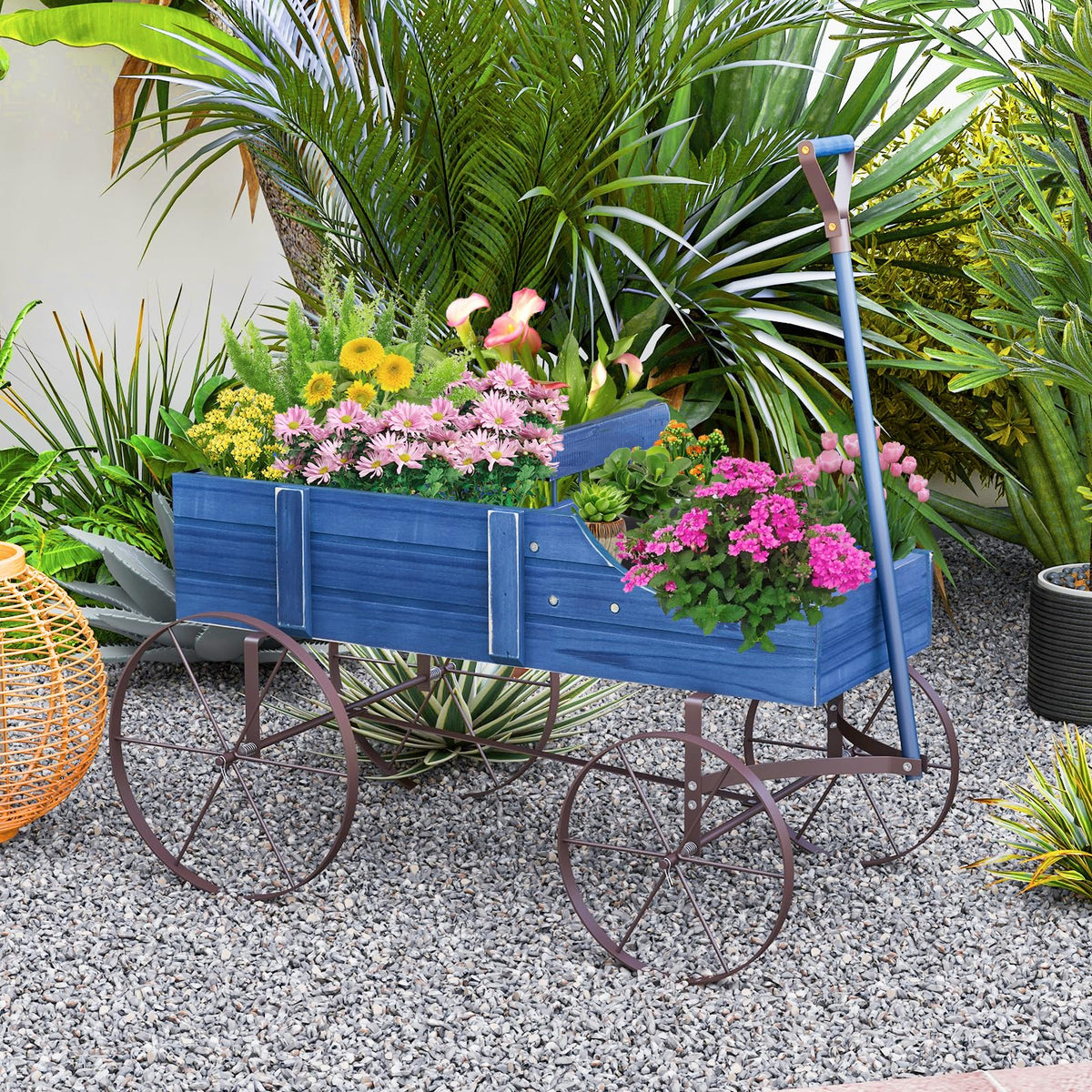 24.5" x 13.5" x 24" Wooden Wagon Planter, Decorative Garden Planter Box with 2 Planting Sections, Wheels, Handle, Small Decorated Cart