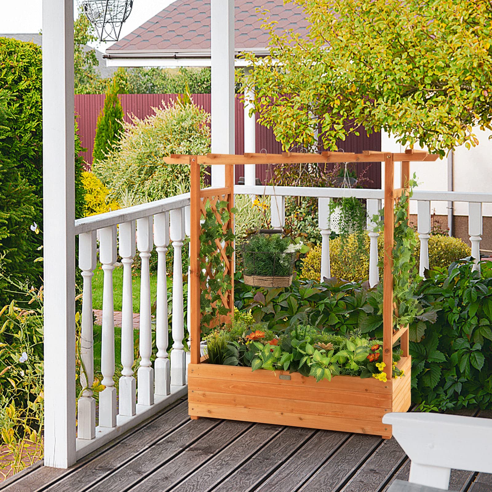 43.5"L x 17.5"W x 44"H Raised Garden Bed Planter Box with Trellis & Hanging Roof, Lattice Panel with Drainage Hole for Flower, Climbing Plant, Herb