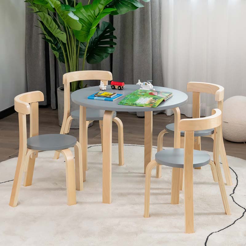5 Piece Bentwood Kids Table & Chair Set, Toddler Activity Table with Toy Bricks & 4 Chairs for Craft Art, Daycare, Playroom & Classroom