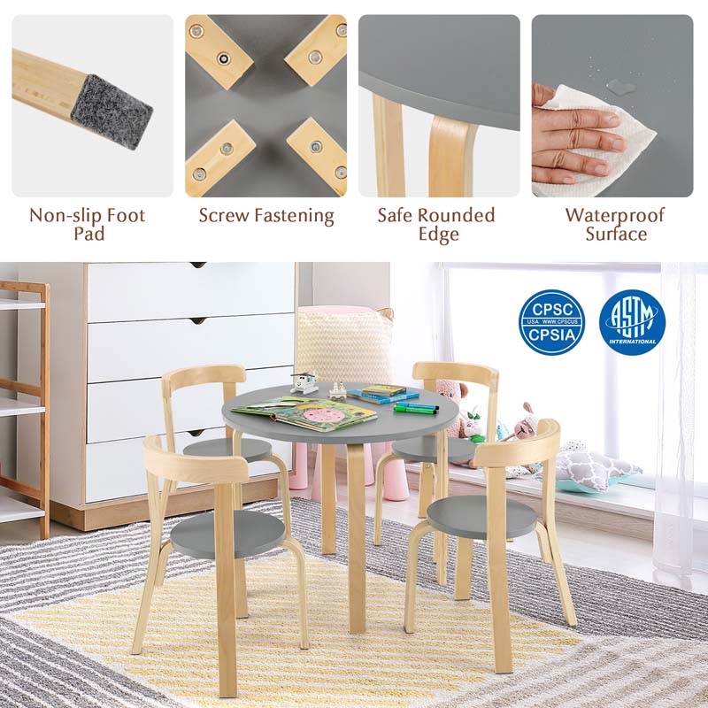 5 Piece Bentwood Kids Table & Chair Set, Toddler Activity Table with Toy Bricks & 4 Chairs for Craft Art, Daycare, Playroom & Classroom