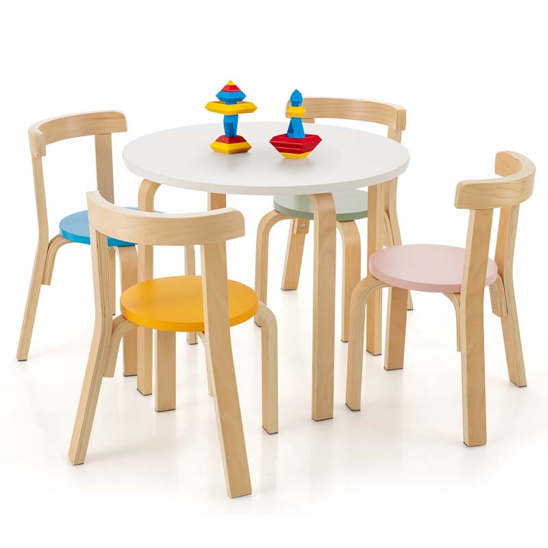 5-Piece Bentwood Kids Table & Chair Set, Toddler Activity Table with 4 Chairs, Toy Bricks, Classroom Playroom Daycare Furniture