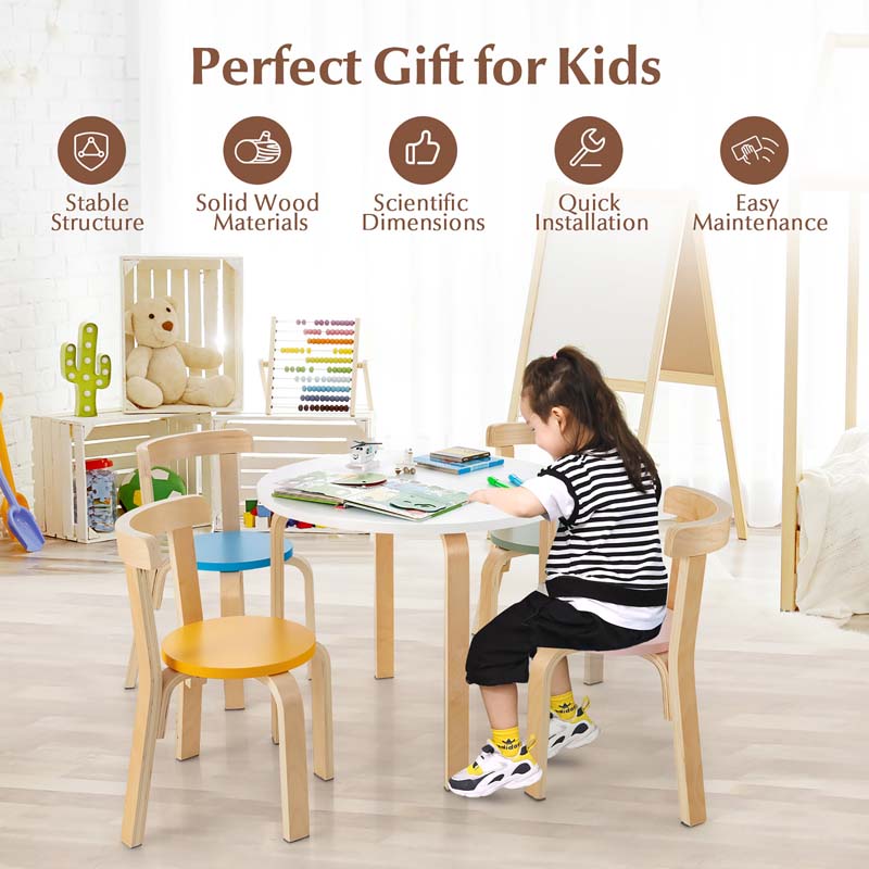 5 Piece Bentwood Kids Table & Chair Set, Toddler Activity Table with Toy Bricks & 4 Chairs for Craft Art, Daycare, Playroom & Classroom