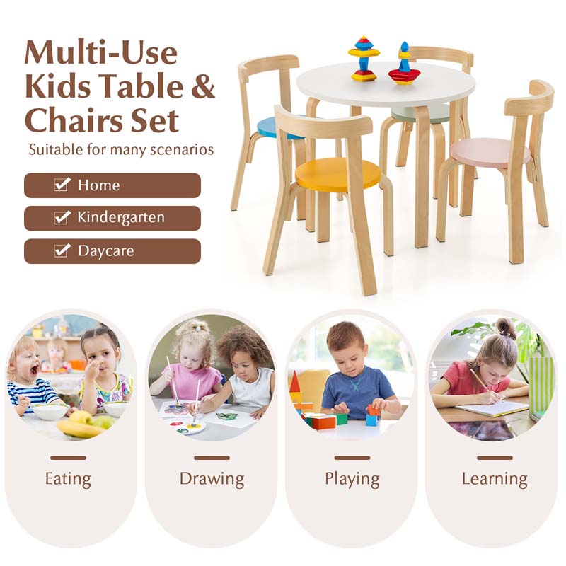 5 Piece Bentwood Kids Table & Chair Set, Toddler Activity Table with Toy Bricks & 4 Chairs for Craft Art, Daycare, Playroom & Classroom