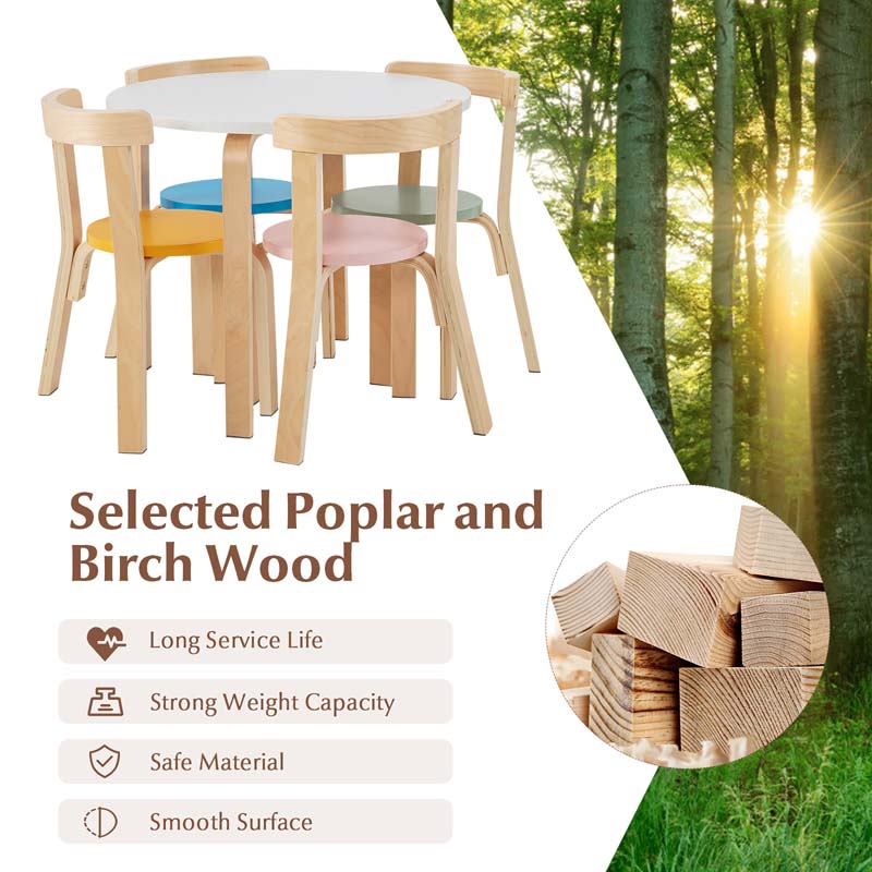 5 Piece Bentwood Kids Table & Chair Set, Toddler Activity Table with Toy Bricks & 4 Chairs for Craft Art, Daycare, Playroom & Classroom