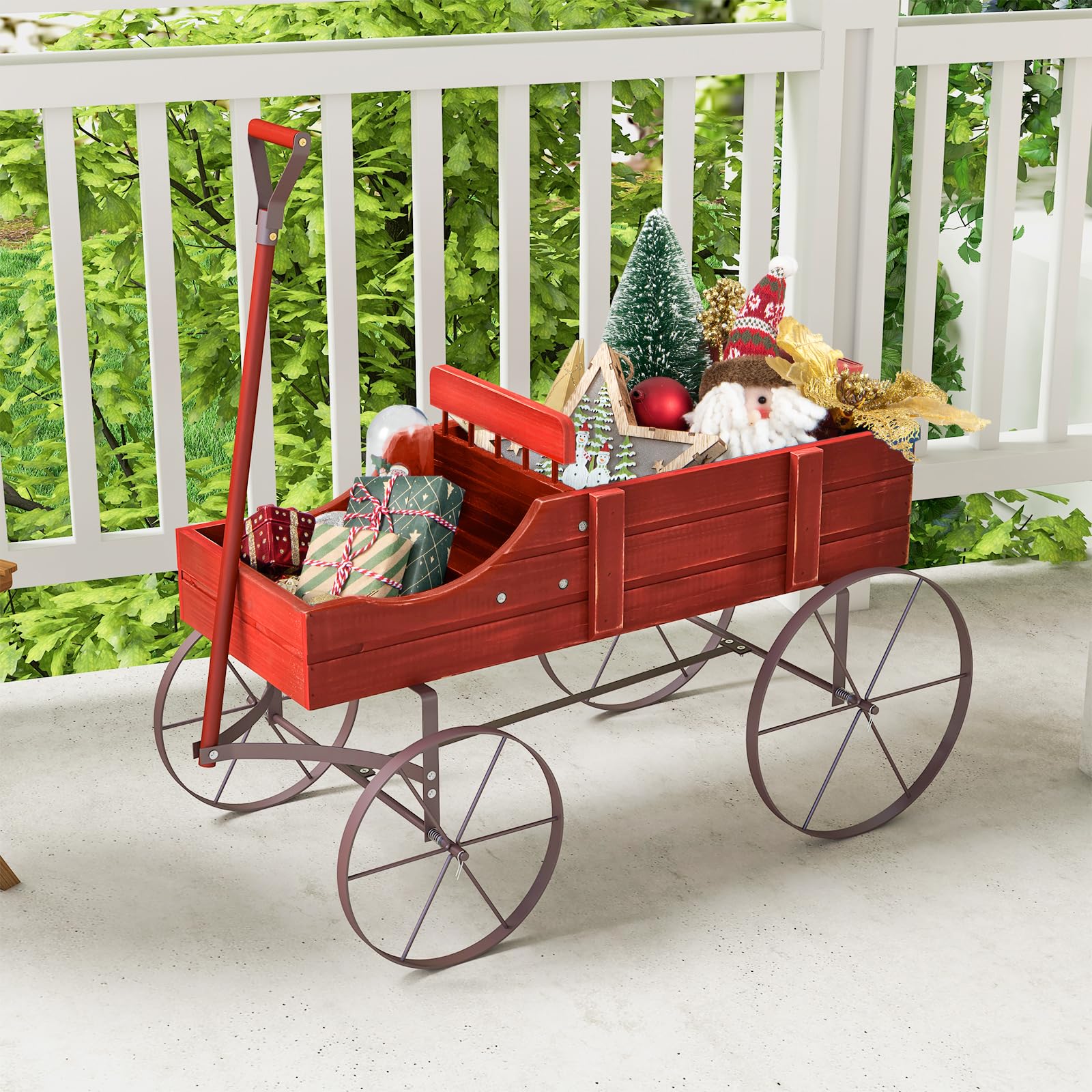 24.5" x 13.5" x 24" Wooden Wagon Planter, Decorative Garden Planter Box with 2 Planting Sections, Wheels, Handle, Small Decorated Cart