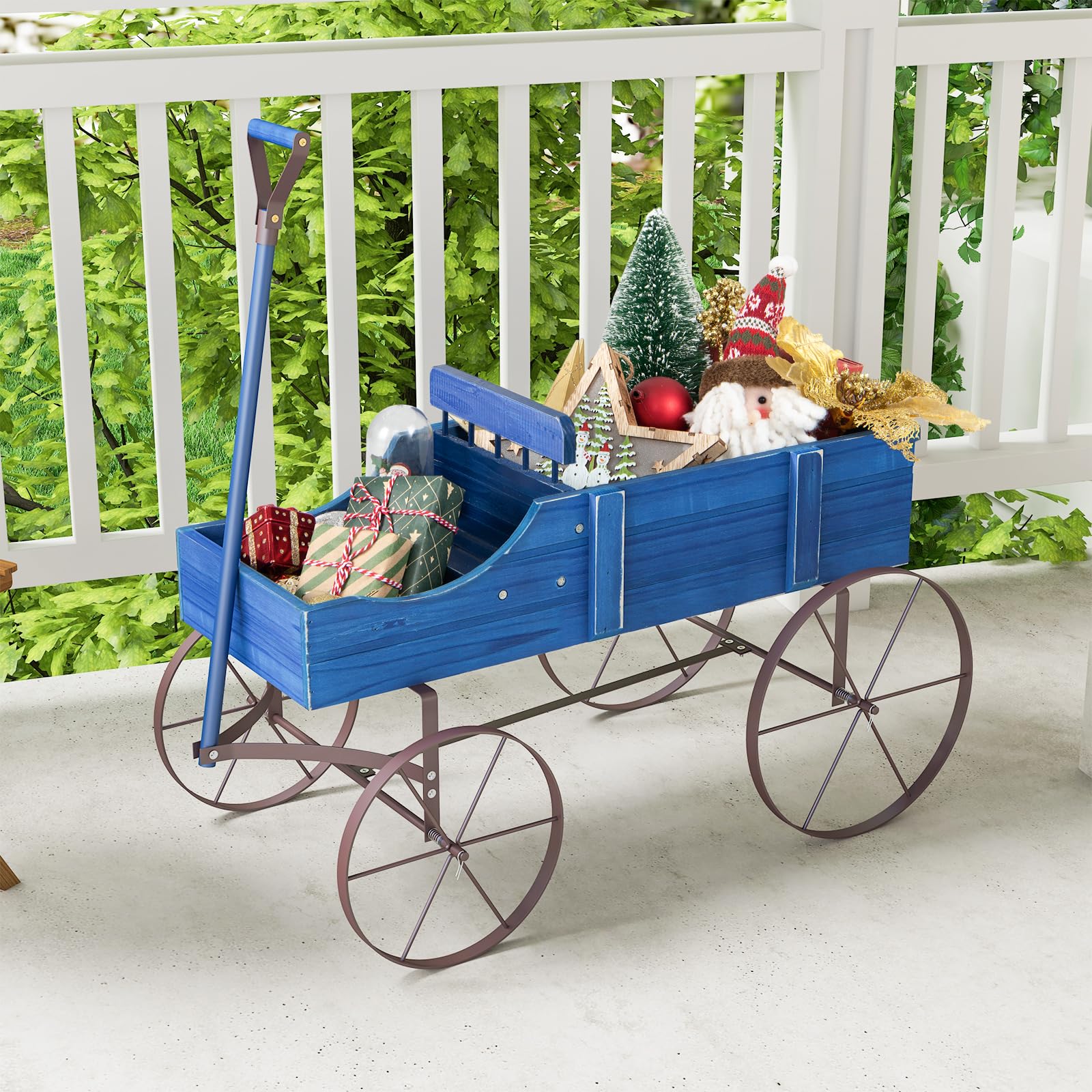 24.5" x 13.5" x 24" Wooden Wagon Planter, Decorative Garden Planter Box with 2 Planting Sections, Wheels, Handle, Small Decorated Cart