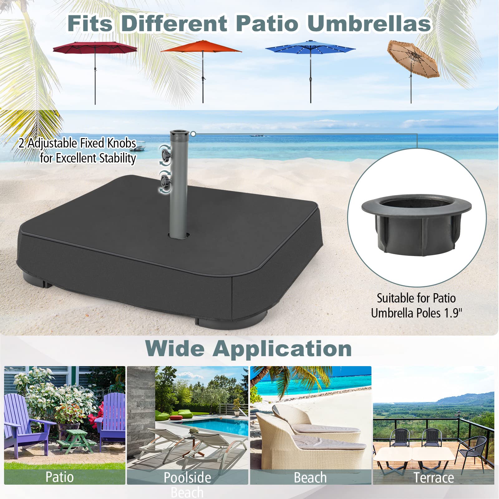 220LBS Heavy Duty Sand-Filled Market Offset Umbrella Base with 2 Sandbags & All-Weather Cover, Fits 1.9" Poles for Patio & Poolside Umbrellas