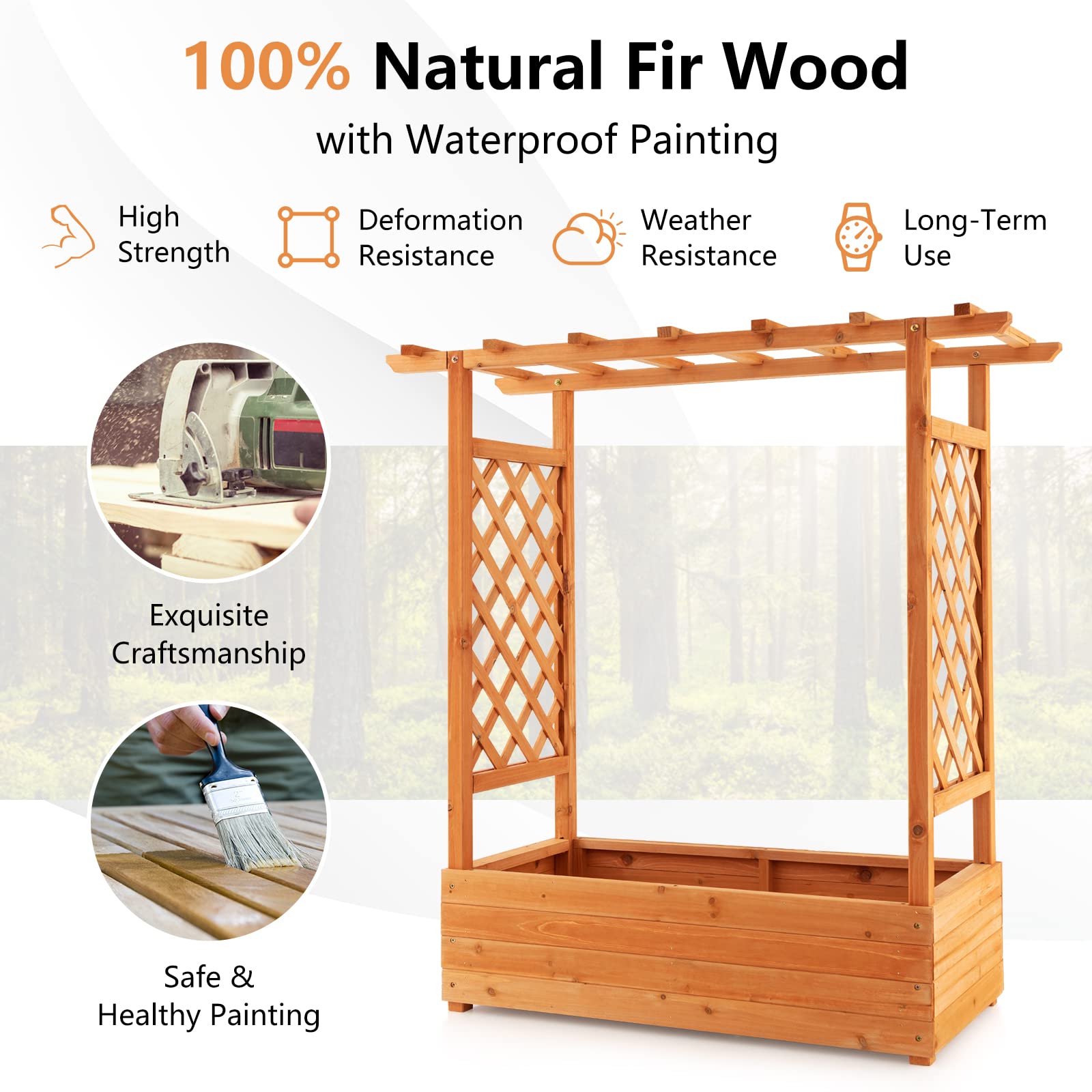 43.5"L x 17.5"W x 44"H Raised Garden Bed Planter Box with Trellis & Hanging Roof, Lattice Panel with Drainage Hole for Flower, Climbing Plant, Herb