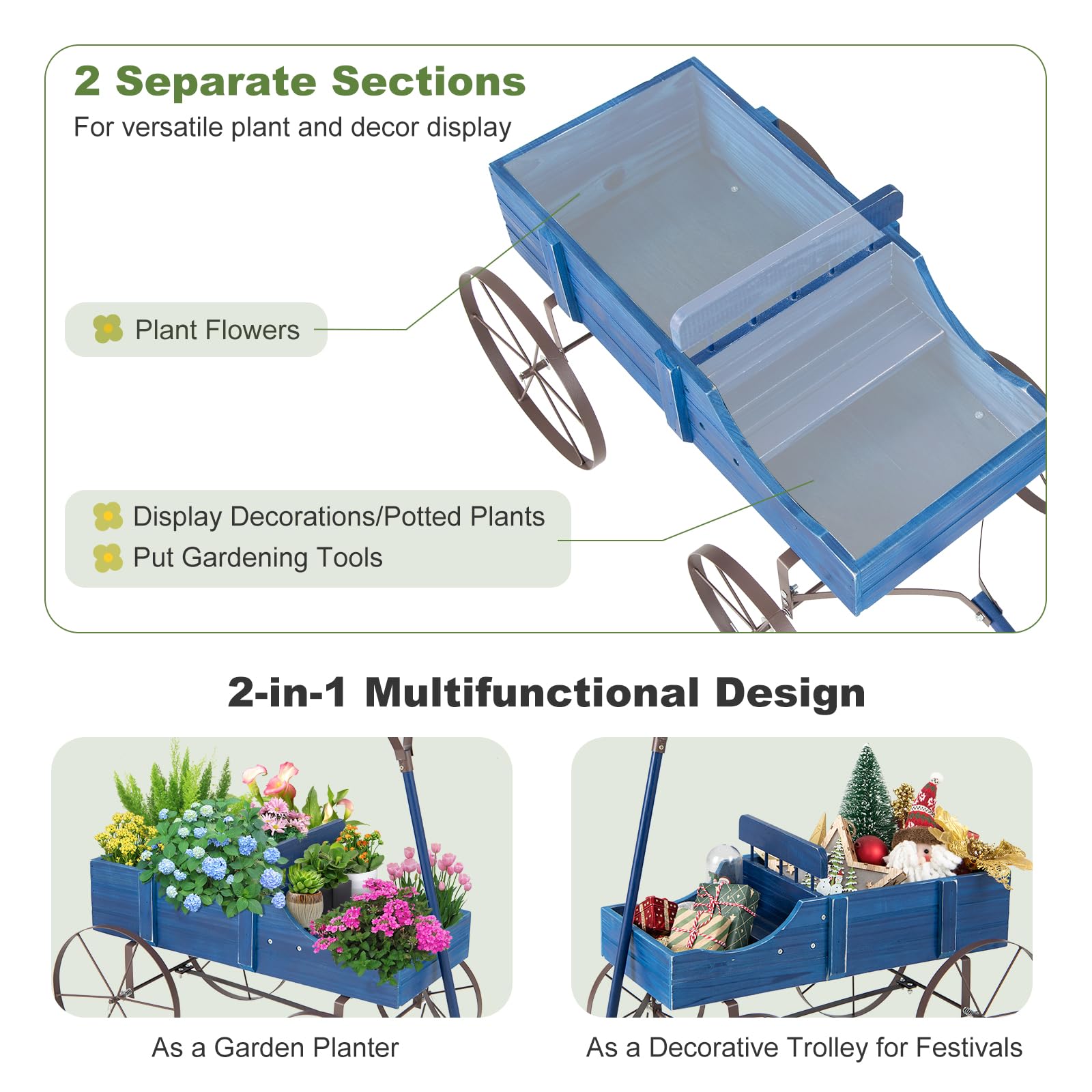 24.5" x 13.5" x 24" Wooden Wagon Planter, Decorative Garden Planter Box with 2 Planting Sections, Wheels, Handle, Small Decorated Cart