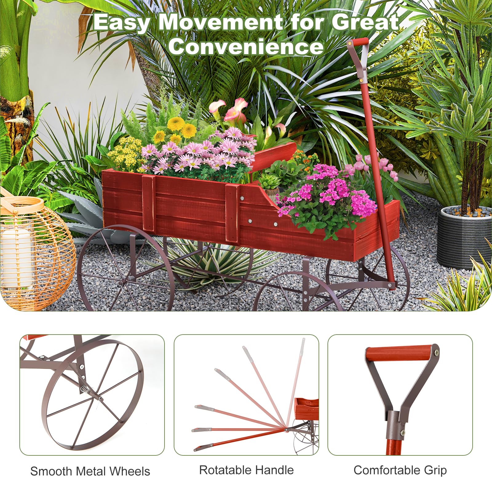 24.5" x 13.5" x 24" Wooden Wagon Planter, Decorative Garden Planter Box with 2 Planting Sections, Wheels, Handle, Small Decorated Cart