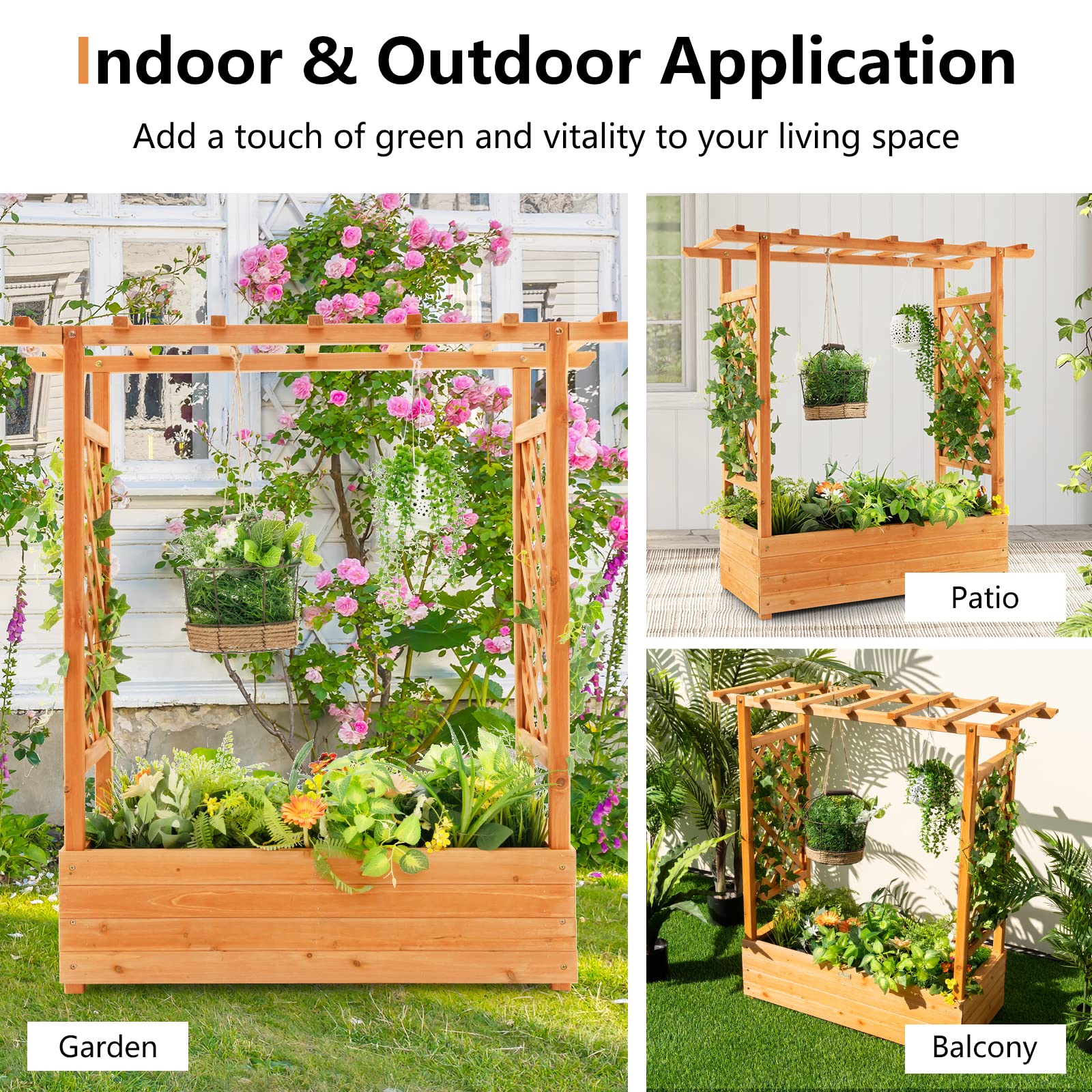 43.5"L x 17.5"W x 44"H Raised Garden Bed Planter Box with Trellis & Hanging Roof, Lattice Panel with Drainage Hole for Flower, Climbing Plant, Herb