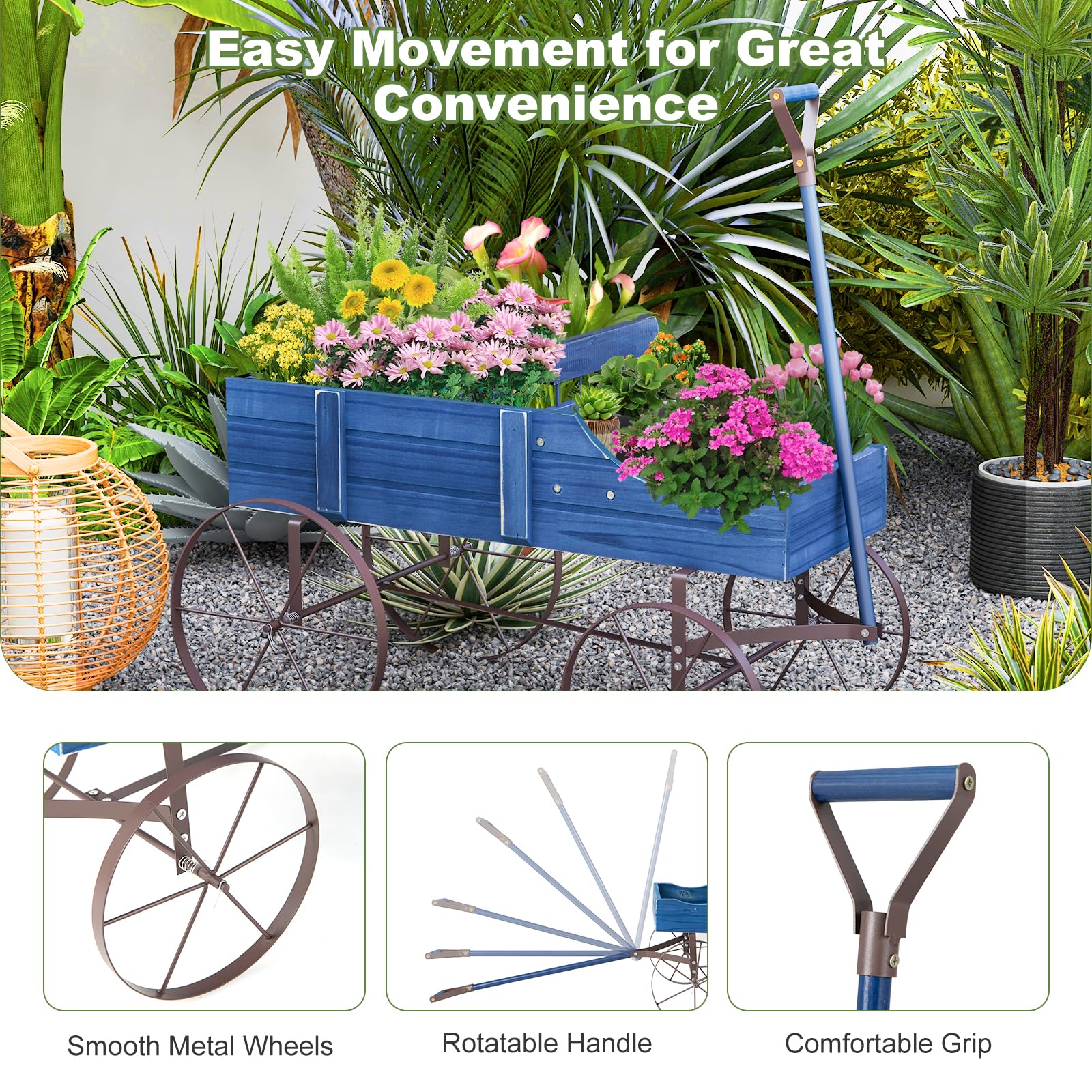 24.5" x 13.5" x 24" Wooden Wagon Planter, Decorative Garden Planter Box with 2 Planting Sections, Wheels, Handle, Small Decorated Cart