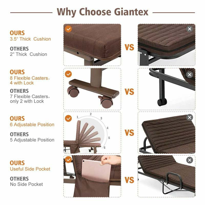 Folding Rollaway Bed with Mattress & Wheels for Adults, Portable Foldable Guest Bed with Adjustable 6 Position & Side Storage Pocket