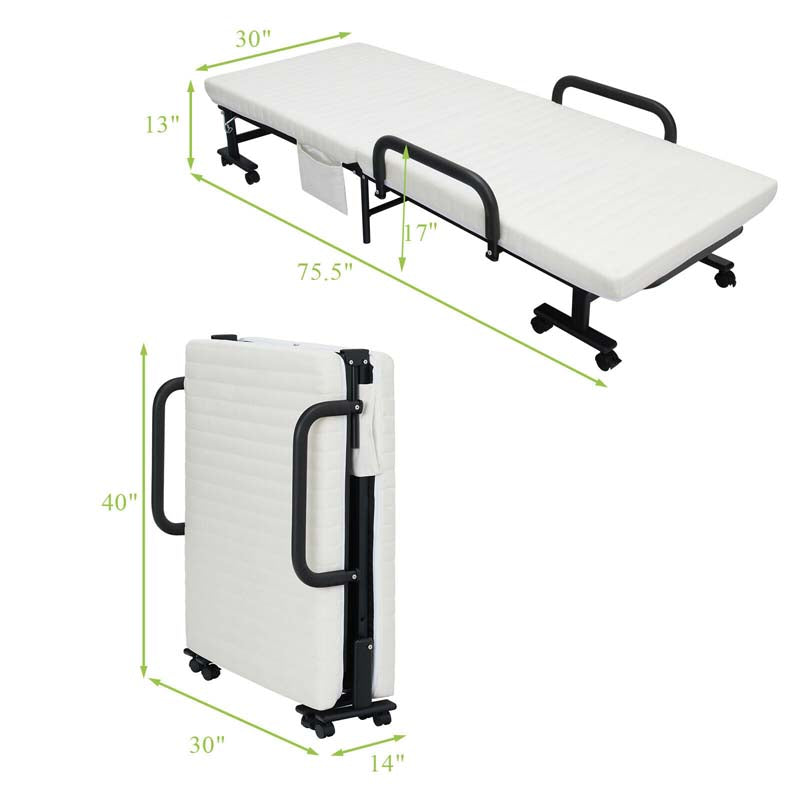 Folding Rollaway Bed with Mattress & Wheels for Adults, Portable Foldable Guest Bed with Adjustable 6 Position & Side Storage Pocket