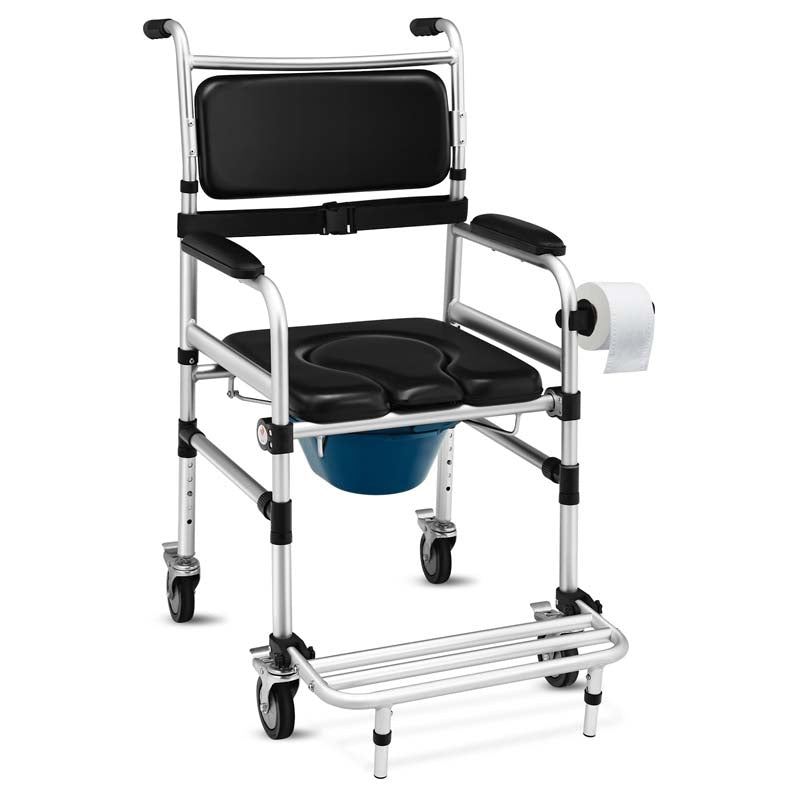 2-in-1 Foldable Shower Commode Wheelchair, Aluminum Alloy Transport Chair Toilet Bedside Wheelchair with Commode