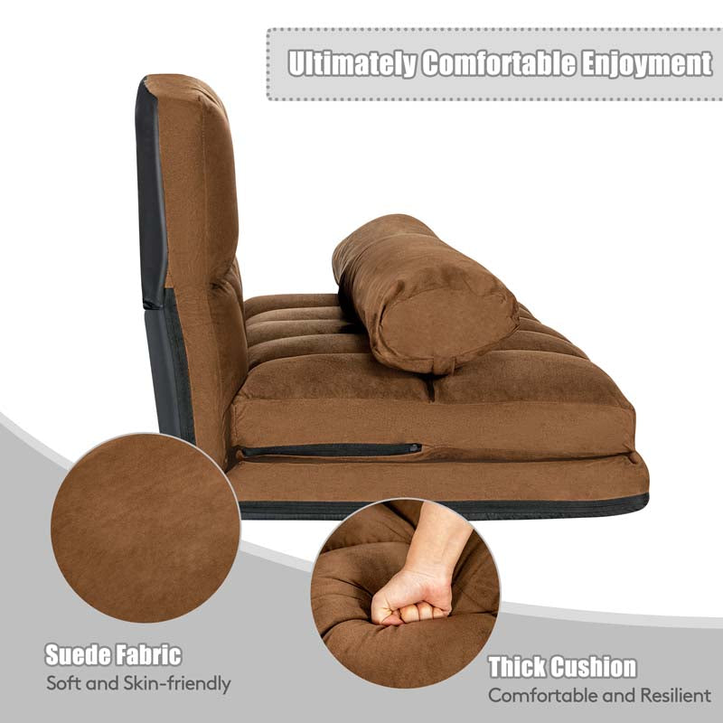 6-Position Adjustable Floor Sofa Bed, Foldable Lazy Sleeper with 2 Pillows & Suede Cover, Convertible Futon Couch Bed for Living Room & Gaming